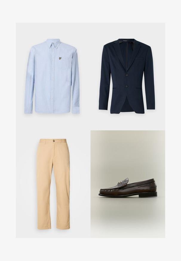 Mørkeblå blazer med klapkrave, to frontknapper og en enkelt brystlomme, lavet af et glat stof. Skræddersyet pasform.; Lysblå langærmet skjorte med nedknappet krave, forlommer og broderet logo. Fremstillet af struktureret bomuldsstof.; Khaki bomuldsbukser med lige ben-design, der har en frontknaplukning og bæltestropper. Glat tekstur og ensartet overflade.; Mørkebrun læderloafer med lav sort hæl, mokkasinsyning og en dekorativ rem over toppen.