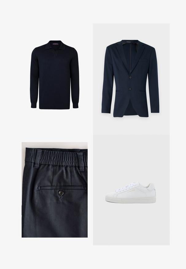 Mørkeblå blazer med klapkrave, to frontknapper og en enkelt brystlomme, lavet af et glat stof. Skræddersyet pasform.; Marineblå pullovertrøje med polo-krave, lange ærmer og ribstrikkede manchetter. Fremstillet af glat, strikket stof uden mønstre eller metal-udsmykninger.; Nærbillede af mørke navy bukser med elastisk ryg, bæltestropper og enkelt knappet baglomme med kant.; Hvide sneakers i lav model og læder med rund snude, flade snørebånd, tekstureret sål og diskret guldfarvet logo på siden. Glat overflade og minimalistisk design.