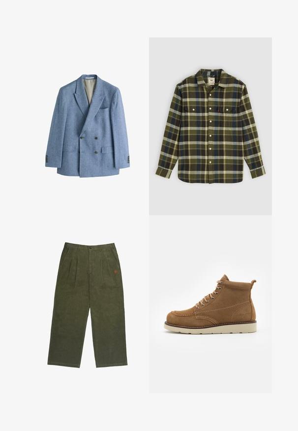 Next REGULAR FIT - TAILORED DOUBLE BREASTED - Blazerjasje - blue; Groene geruite flanellen overhemd met lange mouwen, voorzien van twee borstzakken en witte knopen. Materiaal heeft een zachte textuur en een casual ontwerp.; Olijfgroene corduroy broek met een relaxed fit, voorzien van een knoopsluiting, voorplooien en een klein geborduurd logo in het rood.; Bruine suède enkellaarzen met een ronde neus, vetersluiting aan de voorkant en een beige rubberen zool, met subtiele stiksels en een lus aan de achterkant.