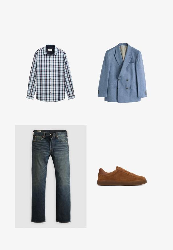 Next REGULAR FIT - TAILORED DOUBLE BREASTED - Blazere - blue; Langærmet ternet skjorte i blå, hvid og burgunder farver. Fremstillet af letvægtigt stof med knap-Down krave og knapper foran.; Mørkeblå denimbukser med lige snit, fem lommer og kobbernitter. Stoffet har en let falmet overflade, der viser struktur og korn.; Brun lavskåret ruskindsneaker med matchende snørebånd, rund tå og mørk gummisål, set fra siden mod en hvid baggrund.