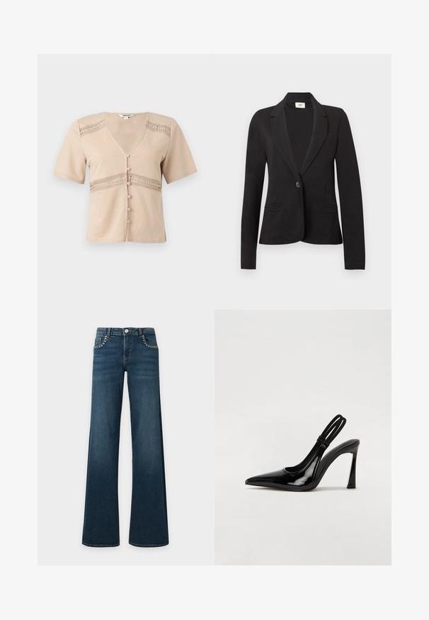 Veste noire à un bouton avec revers crantés et deux poches passepoilées à l'avant, manches longues et taille cintrée.; Blouse courte beige à manches courtes avec décolleté en V, inserts en dentelle sur la poitrine et la taille, et boutons recouverts de tissu sur le devant.; Jean évasé bleu foncé avec des clous argentés dessinant les poches avant, une fermeture à bouton et des passants de ceinture, posé à plat sur un fond blanc.; Escarpin en cuir verni noir à talon aiguille, à bout pointu, avec une sangle élastique double pour un maintien sécurisé. Surface lisse et brillante.