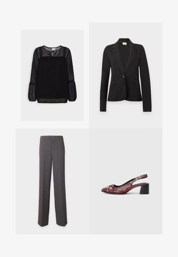 Blazer negro de un solo botón con solapas con muesca y dos bolsillos frontales de ojal, mangas largas y cintura entallada.; Blusa negra con lunares, fabricada en tejido translúcido, con acentos texturizados, cuello redondo, detalle de lazo y mangas largas tipo abullonadas. Encaje en los hombros.; Pantalón de vestir gris oscuro con perneras rectas, cierre de botón y cremallera, trabillas para cinturón y pliegues marcados en la parte delantera de cada pierna.; Zapato slingback de cuero burdeos con punta redonda, diseño curvado, acentos de metal plateado y tacón ancho. Acabado texturizado.