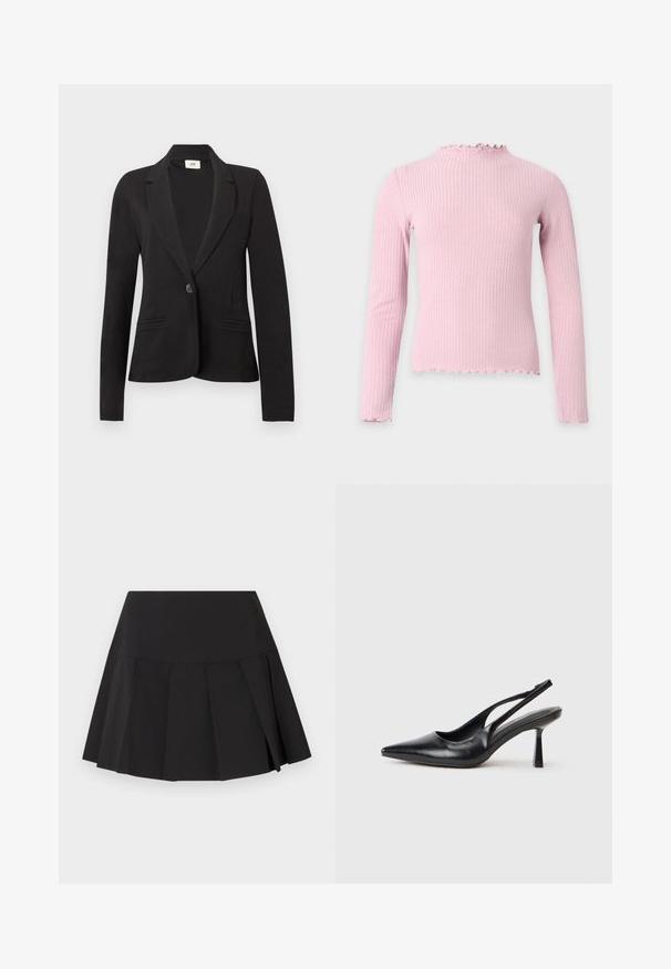 Veste noire à un bouton avec revers crantés et deux poches passepoilées à l'avant, manches longues et taille cintrée.; Haut côtelé rose clair à manches longues avec un col montant légèrement froncé et un ourlet à volants assorti aux manches et au bas.; Mini-jupe plissée noire avec une large ceinture, des plis verticaux espacés uniformément et un ourlet légèrement évasé.; Chaussure à talon haut en cuir noir, à bride arrière, avec un bout pointu et un talon fin sur fond blanc.