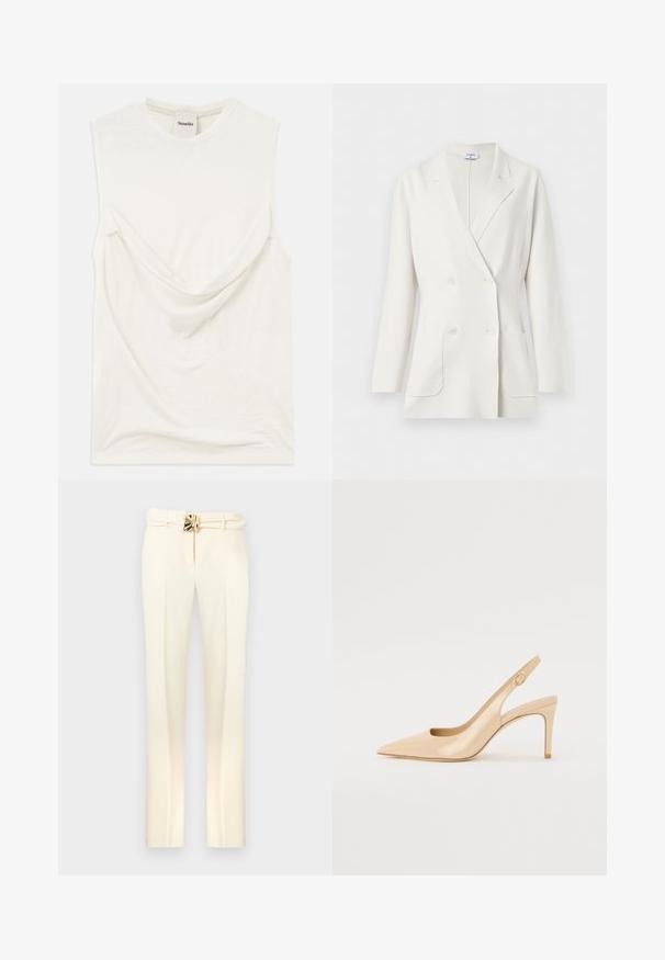 Blazer blanc croisé avec col à revers crantés, manches longues, deux poches avant et quatre boutons blancs de Filippa K.; Haut sans manches blanc avec un détail drapé à l'avant, fabriqué en tissu doux et léger. Présente un col rond et une coupe décontractée.; Pantalon sur mesure de couleur crème avec une taille ceinturée ornée de détails en métal doré, jambes droites, et une texture lisse et douce.; Escarpin slingback en cuir verni nude avec un bout pointu, un décolleté ouvert et un talon aiguille fin. Comprend un accent doré circulaire sur la sangle.