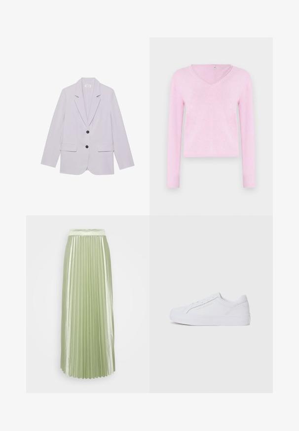 Lys lilla blazer med klippekrave, to forlommer og to sorte knapper. Fremstillet af et glat stof med en skræddersyet pasform.; Langærmet V-hals sweater i lyserød med blød tekstur og kort design. Ingen ekstra mønstre eller hardware synlige.; Faldel med plisseringer i lysegrøn satinvævet med en bred talje, der skaber en glat, flydende silhuet.; Tommy Hilfiger TH PLATFORM - Sneakers - white