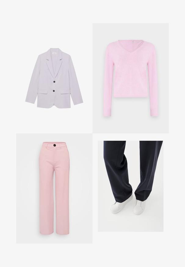 Lys lilla blazer med klippekrave, to forlommer og to sorte knapper. Fremstillet af et glat stof med en skræddersyet pasform.; Langærmet V-hals sweater i lyserød med blød tekstur og kort design. Ingen ekstra mønstre eller hardware synlige.; Lys rosa bred benbukser med en glat tekstur, der har en sort knap og et klassisk talje design. Ingen ekstra lommer synlige.; Hvide sneakers med teksturerede gummisåler og flade snørebånd, kombineret med mørkeblå bukser i løs, glat stof og skræddersyet pasform.