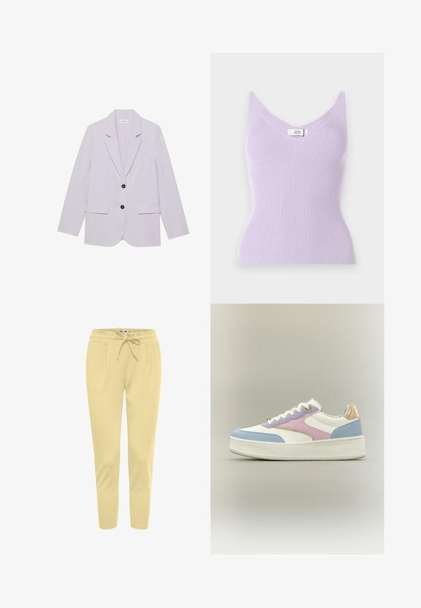 Lys lilla blazer med klippekrave, to forlommer og to sorte knapper. Fremstillet af et glat stof med en skræddersyet pasform.; Lilla ribbet ærmeløs top med V-udskæring og en tætsiddende pasform. Materialet ser blødt ud med vertikale teksturdetaljer. Brandmærket er synligt.; Lysegule joggerbukser lavet af blødt stof, med en elastisk talje i livet og snøre, samt sidelommer.; Hvid platform-sneaker med pastelfarvede paneler i blå, pink og lavendel, hvide snørebånd og metalisk guldet detalje på hælen mod ensfarvet baggrund.
