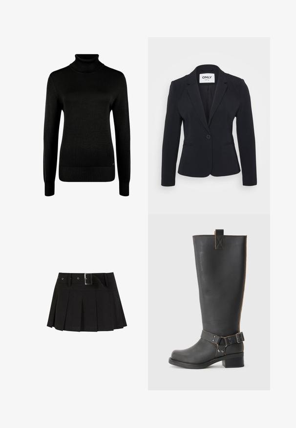 ONLY Petite ONLKYRA LIFE FIT - Blazer - black; Jersey negro de manga larga con cuello alto, puños y dobladillo acanalados, mostrado sobre un fondo blanco.; Falda negra con plisados y cinturón. Fabricada en un tejido suave, cuenta con una hebilla plateada y una cinturilla estructurada para un estilo adicional.; Bota de cuero negro hasta la rodilla con un acabado texturizado, que presenta un acento de hebilla lateral y un tacón bajo. Costura detallada a lo largo de las costuras.