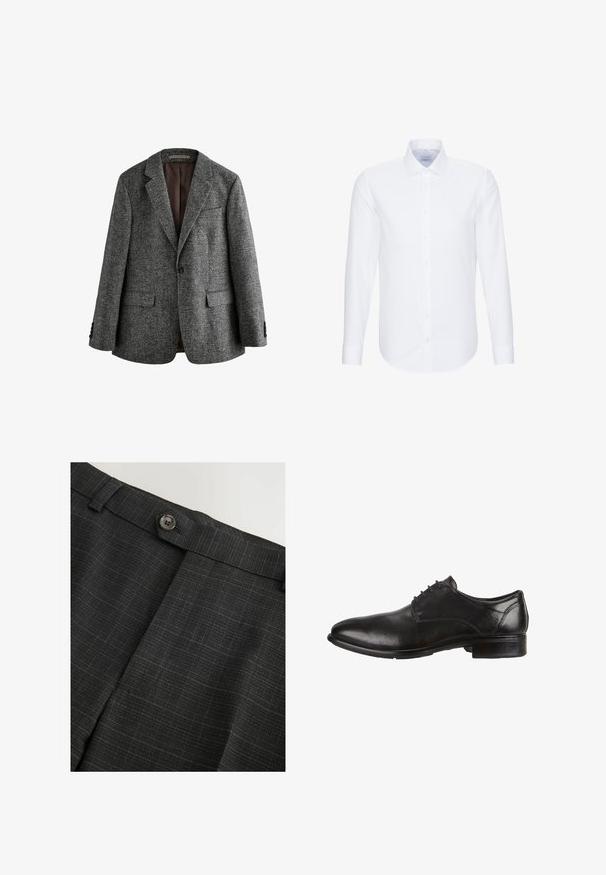 Grijze gebreide blazer met twee voordooi zakken, notch revers en een bruine binnenvoering. Heeft twee knopen op elke manchet.; Witte lange mouwen blouse met knopen, puntige kraag en manchetten met één knoop, afgebeeld op een effen witte achtergrond.; Donkergrijze op maat gemaakte broek met subtiel geruit patroon, voorzien van een tailleband met knoop en riemlussen.; Zwarte leren dresschoenen met een gladde afwerking, ronde neus, vetersluiting en een lage gestapelde hak. Subtiele stikselaccenten zichtbaar.