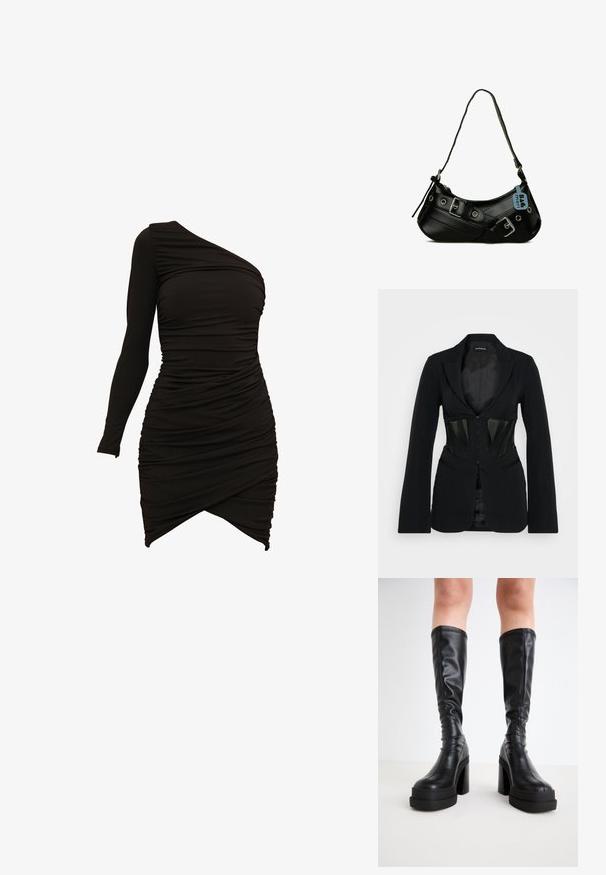 Even&Odd Blazer - black; Sort en-skulder kjole lavet af strækbart materiale, med rynkede detaljer og en asymmetrisk kant for en tætsiddende silhuet.; Sorte knælange støvler i glat læder, med en tyk platform og blokhæle, samt stikninger langs kanterne.; Sort syntetisk håndtaske med en buet form, justerbar rem og dekorative metalspænder. Har en glat, blank tekstur.
