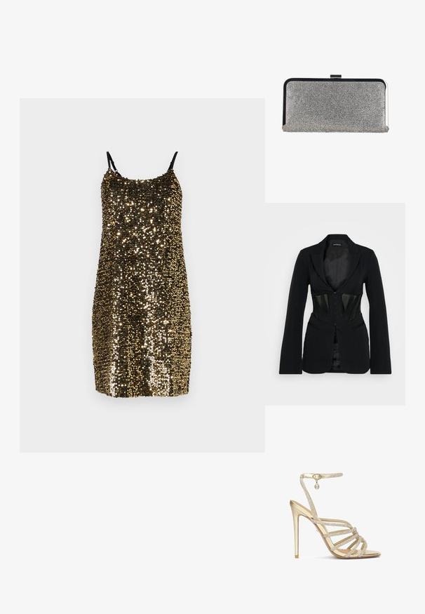 Even&Odd by Zalando Blejzer - black; Čierne šaty na tenkých ramienkach pokryté zlatými a bronzovými flitrami, s priliehavým strihom a hladkou textúrou.; Zlaté sandále na vysokom podpätku s viacnásobnými pásikmi zdobenými kryštálmi a s remienkom okolo členka, s hladkým metalickým povrchom a špicatou špičkou.; Obdĺžniková strieborná kabelka na večierok pokrytá drobnými kryštálikmi, s čiernym a strieborným kovovým rámom a zapínaním na patent.