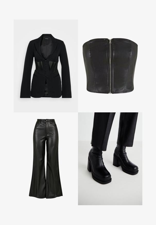 Even&Odd by Zalando Σακάκι - black; Μαύρη δερμάτινη κορσέ με δομημένη εφαρμογή. Διαθέτει κεντρικό μεταλλικό φερμουάρ σε ασημί απόχρωση και ραφές που τονίζουν το σώμα. Λείος υφάντης.; Μαύρο δερμάτινο φαρδύ παντελόνι με λεία υφή, διαθέτει ψηλή μέση, κλείσιμο με κουμπί και μπροστινές τσέπες. Σχέδιο με φαρδιές ζώνες και γυαλιστερό φινίρισμα.; Μαύρες δερμάτινες πλατφόρμες με ψηλό τετράγωνο τακούνι και λείο υλικό. Διαθέτουν ραφές λεπτομέρειας και εφαρμοστό σχέδιο στο επάνω μέρος.