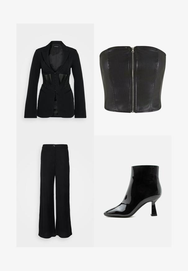 Even&Odd Blazer - black; Top de corsé de cuero negro con un ajuste estructurado. Presenta una cremallera central de plata y detalles de costura a lo largo del cuerpo. Textura suave.; Pantalones de pierna ancha negros hechos de una tela ligera, con una textura suave, cierre de botón en la parte delantera y bolsillos laterales.; Botín negro de charol brillante con punta puntiaguda y tacón medio acampanado sobre fondo blanco.