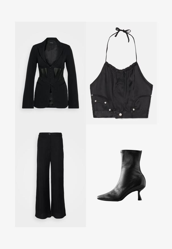 Even&Odd by Zalando Blazer - black; Sort satin halterneck crop top med samlede tekstur, justerbar snor i halsen, knapper foran og to sidelommer med sølv hardware detaljer.; Sorte bukser med bred ben, lavet af letvægtsstof, der har en glat tekstur, frontknaplukning og sidelommer.; Sort læder ankelstøvle med spids tå, tætsiddende design og en lav, udskilt hæl, med glat tekstur og minimale syninger.
