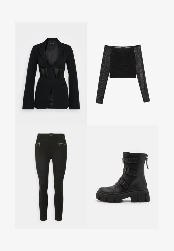 Even&Odd by Zalando Σακάκι - black; Μαύρη μπλούζα με μακριά μανίκια που διαθέτει ρουσάρισμα στο μπροστινό μέρος, με σταθερό κορσέ και διάφανα, υφασμάτινα μανίκια. Φυσική λαιμόκοψη και εφαρμοστή σχεδίαση.; ONLY Petite ONLROYAL BIKER - Jeans Skinny Fit - black denim; Even&Odd by Zalando Μποτάκι καουμπόι/μηχανόβιου - black
