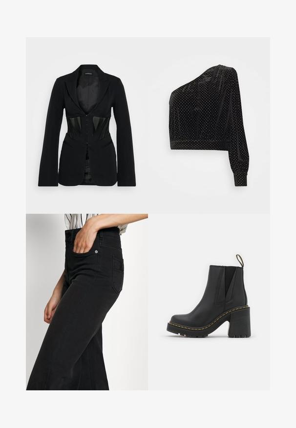 Even&Odd Blazer - black; Top corto de terciopelo negro con una manga larga, que presenta lunares plateados y una cinturilla ajustada. Textura suave y diseño asimétrico.; Vaqueros de mezclilla negra de pierna ancha con cintura alta, bolsillo delantero y bolsillo parche trasero. Textura suave con detalles mínimos de costura.; Botas de tobillo de cuero negro con tacón cuadrado. Presentan paneles laterales elásticos y costuras amarillas a lo largo de la suela. Suela de goma texturizada.