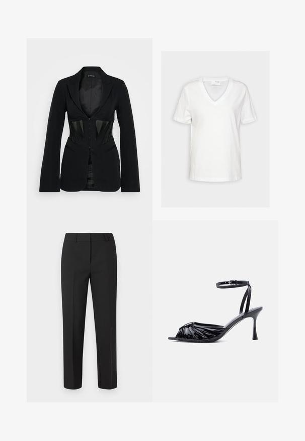 Even&Odd Blazer - black; Hvid kortærmet V-hals t-shirt med enkelt design, vist på en ensfarvet baggrund.; Sorte skræddersyede bukser med lige ben, flad front og uden synlige pyntedetaljer. Fremstillet af et glat stof med en skarp finish.; Sort højhælet sandal i laklæder med åben tå, rynket frontdesign og justerbar ankelrem med spænde.