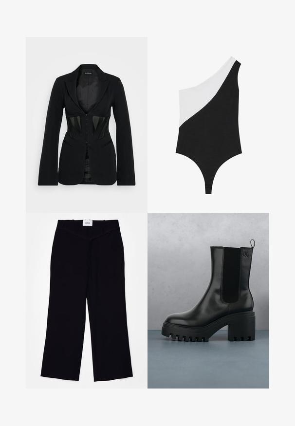 Even&Odd Blazer - black; Ein Ein-Schulter-Badeanzug mit einem Blockfarben-Design, bei dem eine Seite schwarz und die andere weiß ist. Hergestellt aus glattem Stoff mit einem frechen Schnitt.; Schwarze weit geschnittene Hosen aus einem glatten Stoff. Verfügt über einen flachen Bund mit Gürtelschlaufen und einen sauberen Abschluss an den Säumen.; Schwarze Leder-Stiefelette mit runder Zehenform, chunky Plateausohle und Netzseiteneinsätzen. Verfügt über eine Zuglasche für einfaches An- und Ausziehen.