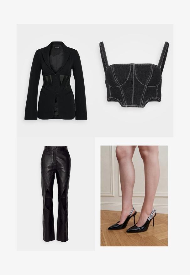 Even&Odd by Zalando Blazer - black; Sort denim crop top med tynde stropper, der har hvid syning, struktureret korpus og buede sømme. Glat tekstur og tætsiddende design.; Sorte læderbukser med en tætsiddende pasform, der har skrå sømme og udskæringer i siderne. Lige ben med knaplukning i taljen.; Kvinde iført sorte laklæder høje hæle slingback sko med hvide mærkede stropper, står på trægulv.