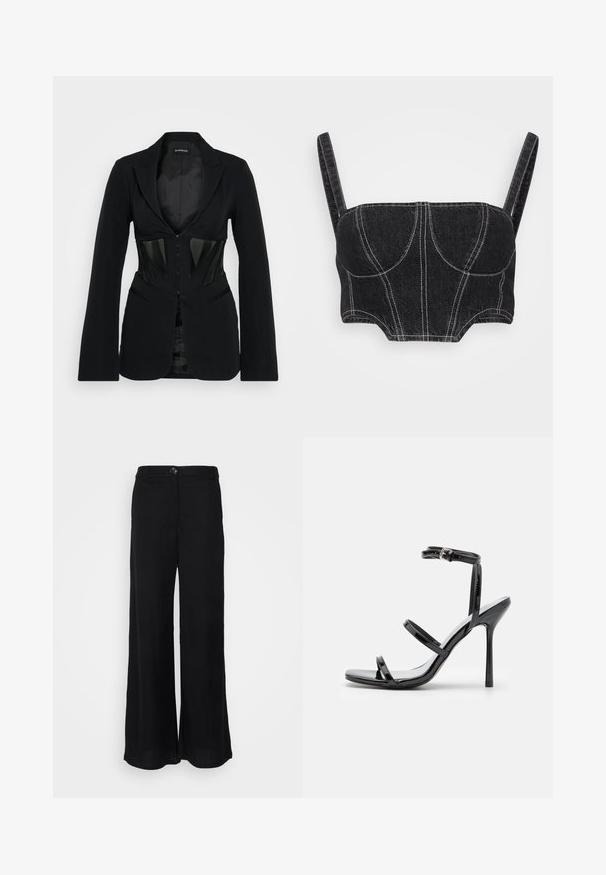 Even&Odd by Zalando Blazer - black; Sort denim crop top med tynde stropper, der har hvid syning, struktureret korpus og buede sømme. Glat tekstur og tætsiddende design.; Sorte bukser med bred ben, lavet af letvægtsstof, der har en glat tekstur, frontknaplukning og sidelommer.; Sorte patentlæder højhælede sandaler med tre horisontale stropper og en justerbar ankelstrop. Elegant silhuet og skinnende finish.