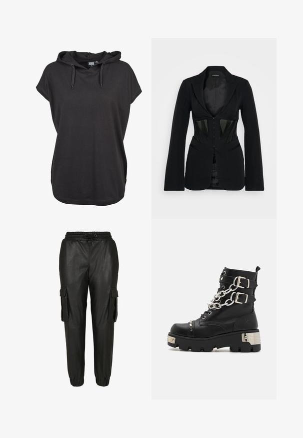Even&Odd Blazer - black; Zwarte hoodie t-shirt met korte mouwen, gemaakt van zachte stof. Heeft verstelbare trekkoorden en een relaxte fit. Eenvoudig ontwerp, geen patronen.; Zwarte synthetische leren cargobroek met een elastische tailleband, trekkoord, elastische manchetten en twee zijzakken. Glad, glanzend textuur.; Koi Footwear SHACKLED SHADOWS HEAVY DUTY CHAIN - Cowboy-/Bikerlaarsjes - black