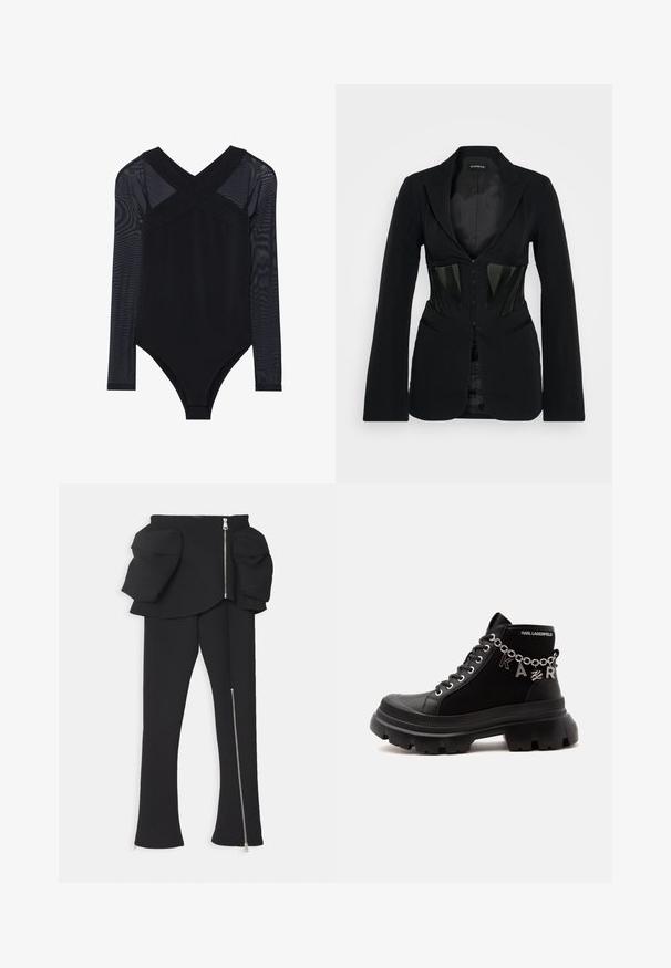 Even&Odd by Zalando Blazer - black; Bodysuit noir avec des manches longues en maille, un décolleté en V profond et une coupe ajustée, mettant en avant un tissu lisse et une construction discrète.; A.W.A.K.E. MODE BASQUE PANTS WITH ZIPS AND LARGE POCKETS - Pantalon classique - black; Botte montante noire avec semelle épaisse, décoration en chaîne épelant "KARL," et marquage "KARL LAGERFELD" sur le col de cheville.