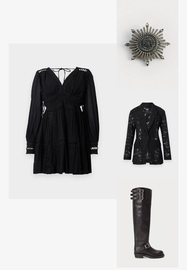 Blazer de encaje negro con patrón floral, mangas largas, solapa con muesca y bolsillos delanteros con solapa, mostrado sobre un fondo blanco.; Mini vestido negro de manga larga con escote en V, ribete de encaje, tejido fruncido y cierre con lazo en la parte posterior del cuello.; Bota de cuero negro hasta la rodilla con punta redonda, tres hebillas de cinta en la parte superior y un detalle de hebilla lateral. Suela plana y textura suave.; Broche en forma de estrella en metal de tono plateado con rhinestones transparentes. El diseño central presenta un emblema circular con un detallado intrincado.