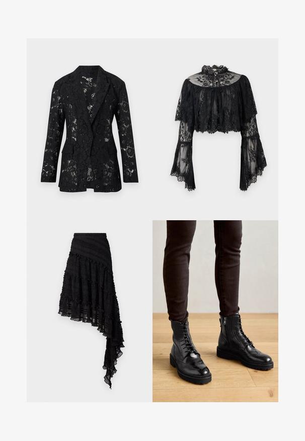 Sort blondeblazer med blomsterprint, lange ærmer, revers med hak og forlommer med klap, vist på hvid baggrund.; Sort blonde crop-bluse med flagrende lange ærmer, høj flæset halsudskæring og blomstermønster på gennemsigtigt stof.; Sort asymmetrisk nederdel med teksturerede plisseringer, lagdelte flæser og en smocket talje. Letvægtsstof med en gennemsigtig finish.; Sorte læder ankelstøvler med brogue-detaljer, snørebånd foran, sideskafter og teksturerede gummisåler. Matchet med mørke slim-fit bukser.
