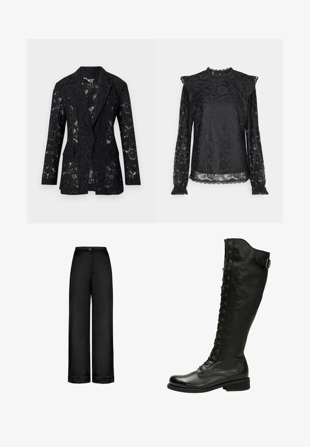 Sort blondeblazer med blomsterprint, lange ærmer, revers med hak og forlommer med klap, vist på hvid baggrund.; PIECES Tall PCOLLINE - Bluse - black; Sorte, højtaljede bukser med vidde i benene, frontlukning med knapper og opslag ved buksebenene, glat stof uden synlige lommer eller mønstre.; Sorte læder knæhøje støvler med snørebånd foran, sølvøjer og sidebælte. Har en tekstureret overflade og stablet hæl.