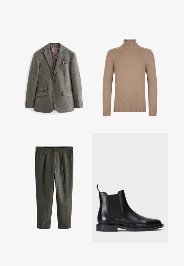 Grå herringbone blazer med to frontlommer, en enkelt knaplukning og en blomsterpræget burgunderforing, som har et lommetørklæde.; Lys brun strikket rullekravesweater med lange ærmer og ribstrikkede manchetter og kant, vist på en hvid baggrund.; Grå, teksturerede bukser med skræddersyet pasform, læg fortil, sidelommer og knaplukning i taljen.; Sort læder Chelsea støvle med elastiske sidelæg, tekstureret overflade, rund tå og en lav stablet hæl. Har en grebsløkke for nem påtagning.