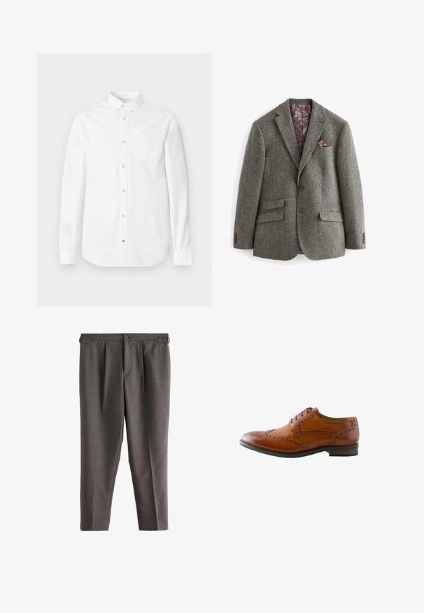 Grijze visgraat blazer met twee frontzakken, een enkele knoopsluiting en een bloemenpatroon in bordeauxrood aan de binnenkant, voorzien van een zakdoek.; Witte blouse met lange mouwen van katoen. Voorzien van een button-down kraag, voorzak en subtiele textuur. Rechte zoom met knoopsluitingen.; Grijs gestreepte broek met een geplooide voorkant, voorzien van een knoopsluiting en zijzakken. Gemaakt van een gladde stof met een getailleerde pasvorm.; Bruine leren herenschoen met brogue-details, vleugelperforatie en zwarte veters, getoond vanaf de buitenkant.