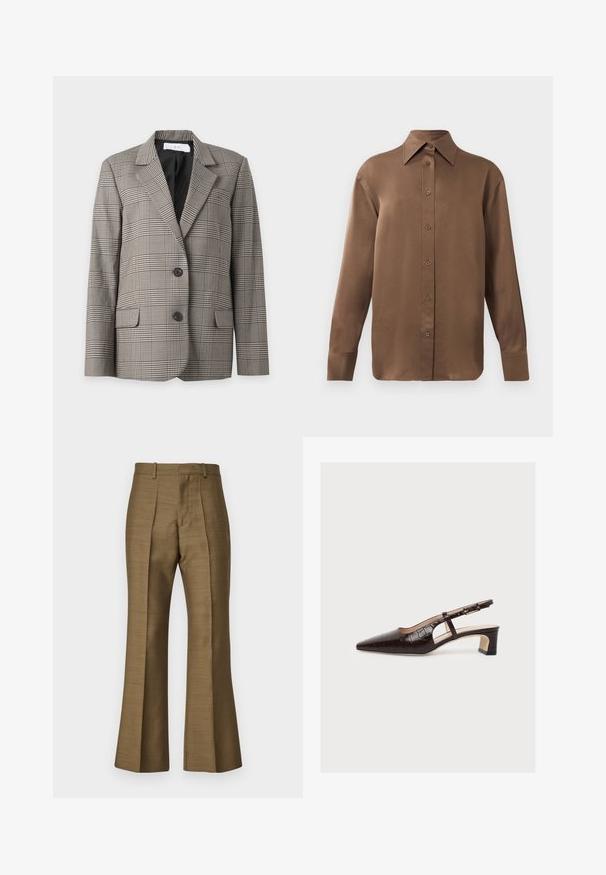 Blazer à carreaux gris et noir avec revers crantés, deux boutons devant, poches à rabat et doublure intérieure noire.; Chemise marron à manches longues avec un col et des poignets pointus, présentée sur un fond blanc uni.; Pantalons évasés marron en tissu lisse, dotés de plis avant, d'une taille cintrée et d'un léger reflet. Aucune quincaillerie ou motif visible.; Escarpin slingback marron à bout pointu avec talon bloc bas, motif crocodile, découpe latérale et bride à boucle réglable, présenté sur fond blanc.