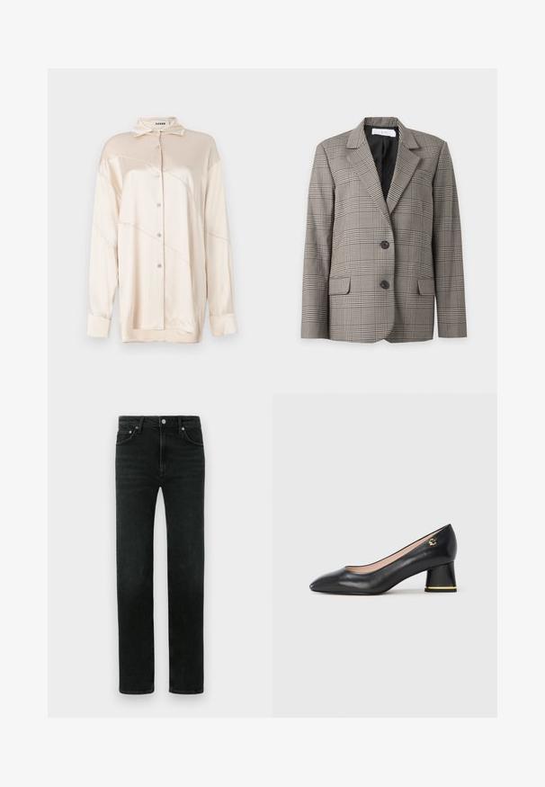 Grau-schwarzer karierten Blazer mit Kerbkragen, zwei vorderen Knöpfen, Pattentaschen und schwarzem Innenfutter.; AERON ABIGAIL SHIRT - Hemdbluse - silver; Schwarze Denim-Jeans mit geradem Schnitt, fünf Taschen und Metallknopfverschluss. Glatte Textur und minimalistische Details.; Schwarzer Lederpumps mit spitz zulaufender Kappe, abgerundetem Blockabsatz mit goldenen Akzenten und glatter Textur. Innenfutter. Schlichtes Design.