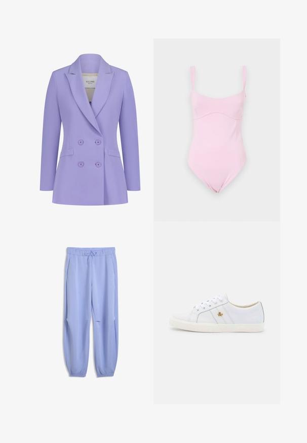 Lavendelfarbener doppelt geknöpfter Blazer mit Spitzenrevers, zwei vorderen Taschen und passenden Knöpfen. Aus gewebtem Stoff und mit strukturierter Passform.; Good American TANK - Top - flora; Hellblaue, locker sitzende Jogginghosen mit elastischem Bund und Kordelzug. Verfügen über seitliche Taschen und gerippte Bündchen an den Knöcheln.; Lauren Ralph Lauren JANSON II ACTION LEATHER SNEAKER - Sneaker low - real white