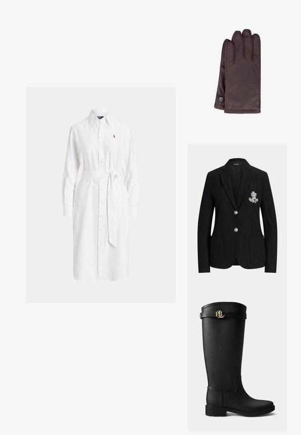 Blazer negro a medida con dos botones plateados, bolsillos de parche y un monograma blanco bordado en el bolsillo izquierdo del pecho.; Vestido camisa blanco de manga larga con cuello, cinturón en la cintura y pequeño logo bordado en el lado izquierdo del pecho.; Bota de lluvia negra hasta la rodilla con tacón bajo y hebilla dorada con el logo RLL cerca de la parte superior sobre un fondo claro y liso.; Kessler Guantes - manchu