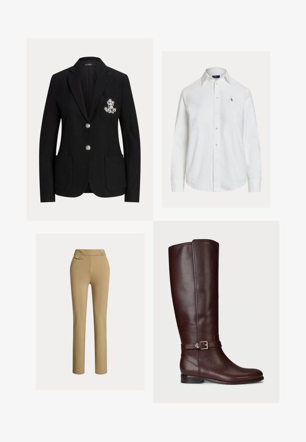 Sort skræddersyet blazer med to sølvknapper, laplommer og et hvidt broderet monogram på venstre brystlomme.; Hvid langærmet skjorte med knapper og krave samt lille broderet logo på venstre bryst, vist på ensfarvet baggrund.; Beige skræddersyede bukser med en glat tekstur, høj talje, to dekorative knapper og en enkelt baglomme. Lige ben-design.; Brune læderknæ-høje støvler med en glat overflade, sølvfarvet spændeaccent og en lav stabelhæle. Har diskret syninger.