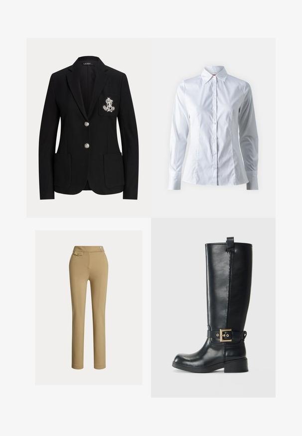 Sort skræddersyet blazer med to sølvknapper, laplommer og et hvidt broderet monogram på venstre brystlomme.; Hvid skjorte med lange ærmer, spidse krave, tætsiddende design, glat bomuldsstof og frontlukning med knapper.; Beige slim-fit kvindebukser med høj talje, to knapper i siden og en lille lomme med knap nær taljebåndet.; Sort knælange læderstøvler med lav blokhæl, dekorativ guldspænde rundt om anklen og en træksløjfe øverst.