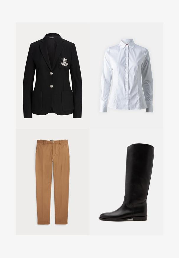 Sort skræddersyet blazer med to sølvknapper, laplommer og et hvidt broderet monogram på venstre brystlomme.; Hvid skjorte med lange ærmer, spidse krave, tætsiddende design, glat bomuldsstof og frontlukning med knapper.; Brune bomuldsbukser med slim-fit design, flad front og standard lommer; glat tekstur og opkradset afslutninger.; Høj sort læderstøvle med flad sål og rundet tå, vist fra siden på en lys baggrund.