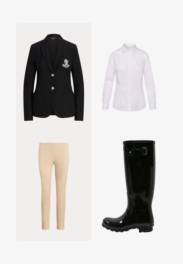 Sort skræddersyet blazer med to sølvknapper, laplommer og et hvidt broderet monogram på venstre brystlomme.; Hvid langærmet skjorte med knapper, spids krave og tilpasset talje, vist på hvid baggrund.; Beige slim-fit ankellange bukser med en glat finish og uden synlige lommer eller pynt på en ensfarvet baggrund.; Sort gummi regnstøvle med en blank finish, høj design, spænde detaljer på siden, tekstureret sål for godt greb og rund tå.