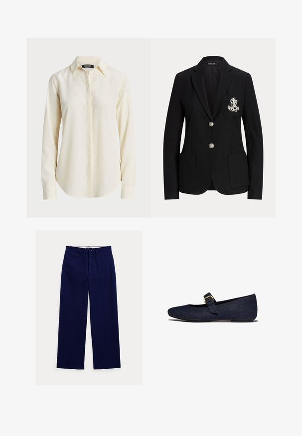 Zwarte op maat gemaakte blazer met twee zilveren knopen, opgestikte zakken en een wit geborduurd monogram op de linkerborstzak.; Lichtcrème langemouwshirt met een puntige kraag, knoopsluiting aan de voorkant en een gladde textuur; heeft een ronde zoom en een slim fit.; Marineblauwe rechte broek met riemlussen, knoopsluiting aan de voorkant en zijzakken op een witte achtergrond.; Marineblauwe ballerina's met een getextureerde stof, een afgeronde neus en een verstelbare band met een gesp in goudkleur. Platte rubberen zool.
