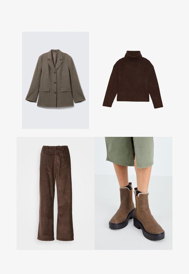 Brun hørdekorsjakke med notch-lapel, tre knaplukninger, to frontlommer og frynset kanter. Stof i en blanding af bomuld og uld.; Brun ribbet turtleneck sweater med lange ærmer og cropped silhuet, med et tykkere, struktureret strikdesign.; Brune fløjl bukser med en bred benudskæring, der har lodrette ribber og en talje. Stoffet har et blødt, tekstureret udseende.; Brune læder ankelstøvler med gummisål, blød foring og elastiske sideindsatser. Har en lav blokhæl og en glat overflade.