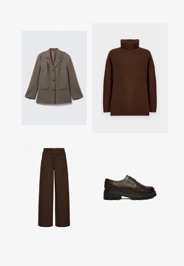 Brun hørdekorsjakke med notch-lapel, tre knaplukninger, to frontlommer og frynset kanter. Stof i en blanding af bomuld og uld.; Brun strikket sweater med høj ribstrikket rullekrave, løs pasform og ribstrikket kant. Blød tekstur, lange ærmer og oversize silhuet.; Brune vide bukser lavet af glat stof, med en høj talje og to frontfolder, designet til en løs pasform.; Mørkebrun læder brogue sko med perforerede detaljer og tyk sort rillesål, set fra siden på hvid baggrund.
