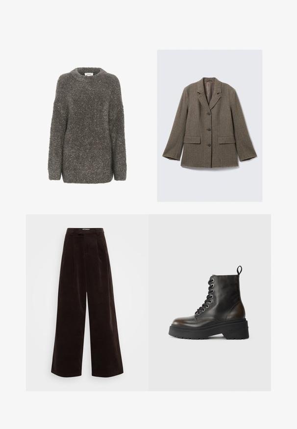 Brun hørdekorsjakke med notch-lapel, tre knaplukninger, to frontlommer og frynset kanter. Stof i en blanding af bomuld og uld.; Grå, tekstureret sweater med rund halsudskæring, lange ærmer og løs pasform. Lavet af et blødt, fnugget materiale, der har et enkelt design.; ONLY Tall ONLSVEA NESSA CORD WIDE - Bukser - seal brown; Sorte læder ankelstøvler med snørebånd, tyk sort sål og en løkke bagpå, prydet med præget mærkenavn på hælen.