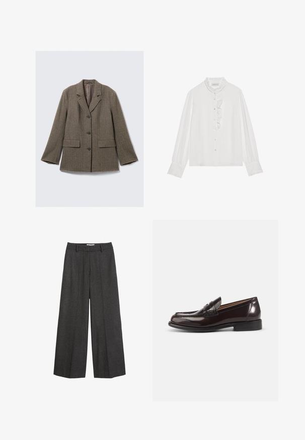 Brun hørdekorsjakke med notch-lapel, tre knaplukninger, to frontlommer og frynset kanter. Stof i en blanding af bomuld og uld.; Hvid bluse med lange ærmer, der har flæser ved manchetten, flæse ved knapstolpen og knaplukning. Lavet af letvægtsstof. Simpelt design.; Bredde bukser i mørkegrå stof. Har en skræddersyet talje med bæltesløjfer, glat tekstur og minimale syninger som detaljer.; Mørkebrune polerede læder herre penny loafer med lav hæl og syningsdetaljer på hvid baggrund.