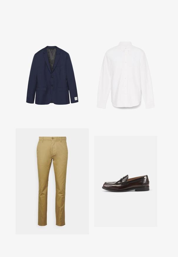 Blazer azul marino de dos botones con solapas con muesca, dos bolsillos delanteros con solapa, bolsillo en el pecho y forro interior negro.; Camisa blanca de manga larga con botón, cuello puntiagudo, un bolsillo y tejido texturizado sutil. Presenta puños con botones y un dobladillo recto.; Chinos caqui elaborados con algodón suave, que presentan un diseño clásico de pierna recta, bolsillo delantero y un cierre de un solo botón en la cintura.; Mocasines de cuero marrón con un acabado brillante, un diseño cosido en la punta y un tacón bajo. Detalle de marca en relieve en el lateral.