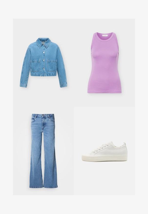 Light blue denim jacket with long sleeves, pointed collar, front snap buttons, and two large front pockets, displayed on a white background.; Sleeveless lavender women's tank top with round neckline and fitted silhouette, made of smooth fabric, displayed on plain background.; Light blue wide-leg jeans made of denim. Features a classic five-pocket design and a visible button fly. Soft texture and unembellished finish.; White canvas sneakers with a textured upper, round toe cap, flat sole, and lace-up front. Features a slightly frayed collar and pull tab.
