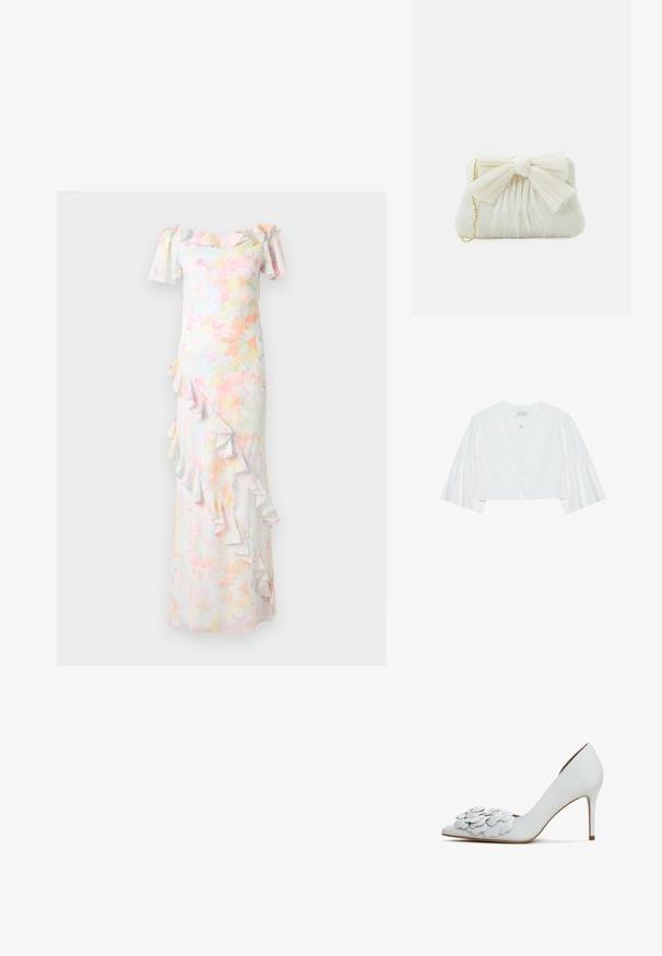 Hvid cropped jakke med rund hals, lynlås foran og klokkeærmer med indsamlet manchet detaljer. Glat stof tekstur.; Off-shoulder, gulvlængde blomsterkjole med mønstre i pastelrosa, gul og grøn, med flæser langs halsudskæringen og skråt foran.; Hvide læder højhælede pumper med spids tå og lagdelt blomsterapplikation detalje foran, samt en slank stiletto hæl.; Hvid plisseret clutch-taske med en fremtrædende sløjfedetalje og en guldkædetras. Blød tekstur med et samlet design på forsiden.