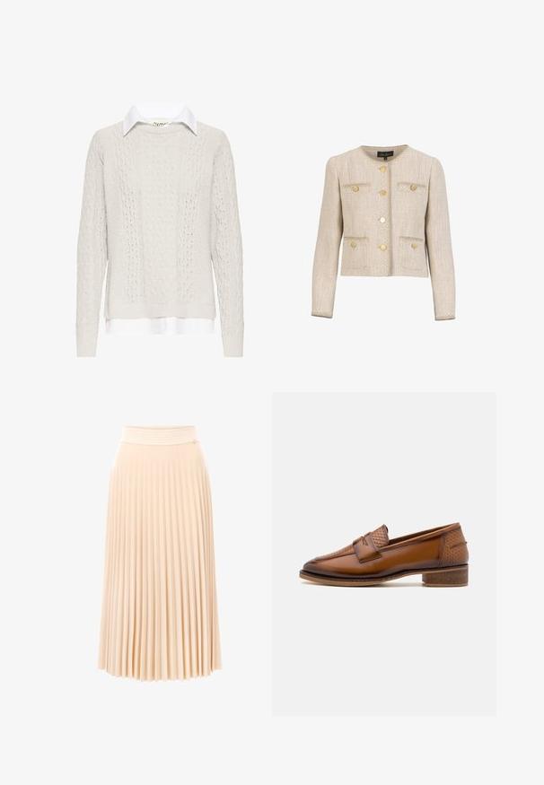 Veste en tweed beige avec un col rond, des boutons dorés, deux poches avant et une couture blanche décorative le long des bords.; Pull crème en maille torsadée avec une chemise à col blanc en dessous. Comprend des manches longues, des poignets et un ourlet côtelés. Motif tricoté texturé.; Jupe midi plissée en tissu pêche doux. Elle présente une ceinture texturée et une coupe fluide avec des plis verticaux. Matière lisse et légère.; Mocassins en cuir marron avec un panneau avant tissé texturé, bout rond et petit talon empilé. Finition lisse avec des détails de couture subtils.