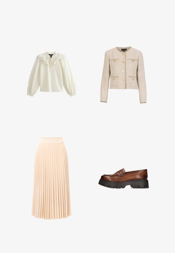 Chaqueta de tweed beige con cuello redondo, botones dorados, dos bolsillos delanteros y costuras decorativas blancas a lo largo de los bordes.; Blusa blanca de manga larga con escote con volantes y textura suave; presenta un lazo en el cuello y mangas abullonadas fruncidas.; Falda midi plisada en tejido suave color melocotón. Incluye una cinturilla texturizada y un diseño fluido con pliegues verticales. Material liso y ligero.; Mocasines de cuero marrón con una suela negra gruesa. Presentan una puntera redondeada y un detalle decorativo de correa en el empeine.