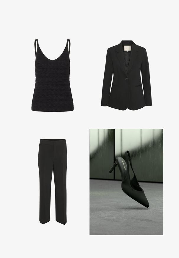 Schwarzer Blazer aus glattem Stoff mit Ein-Knopf-Verschluss, Revers mit Kerbe, zwei Fronttaschen und taillierter Passform.; Schwarzes gehäkeltes Tanktop mit V-Ausschnitt, dünnen Trägern und einem texturierten Muster mit gleichmäßigen Reihen. Geeignet zum Layering oder für legere Anlässe.; Schwarze Hose mit geradem Schnitt, glatt und ohne sichtbare Muster. Einfarbig, klassischer Bund und dezente Vorderfalten.; Schwarzer Slingback-Pumps mit hohem Absatz, spitzer Schuhspitze und Knöchelriemen, Marke „ANNA FIELD“, leicht schwebend über einer grauen Oberfläche.
